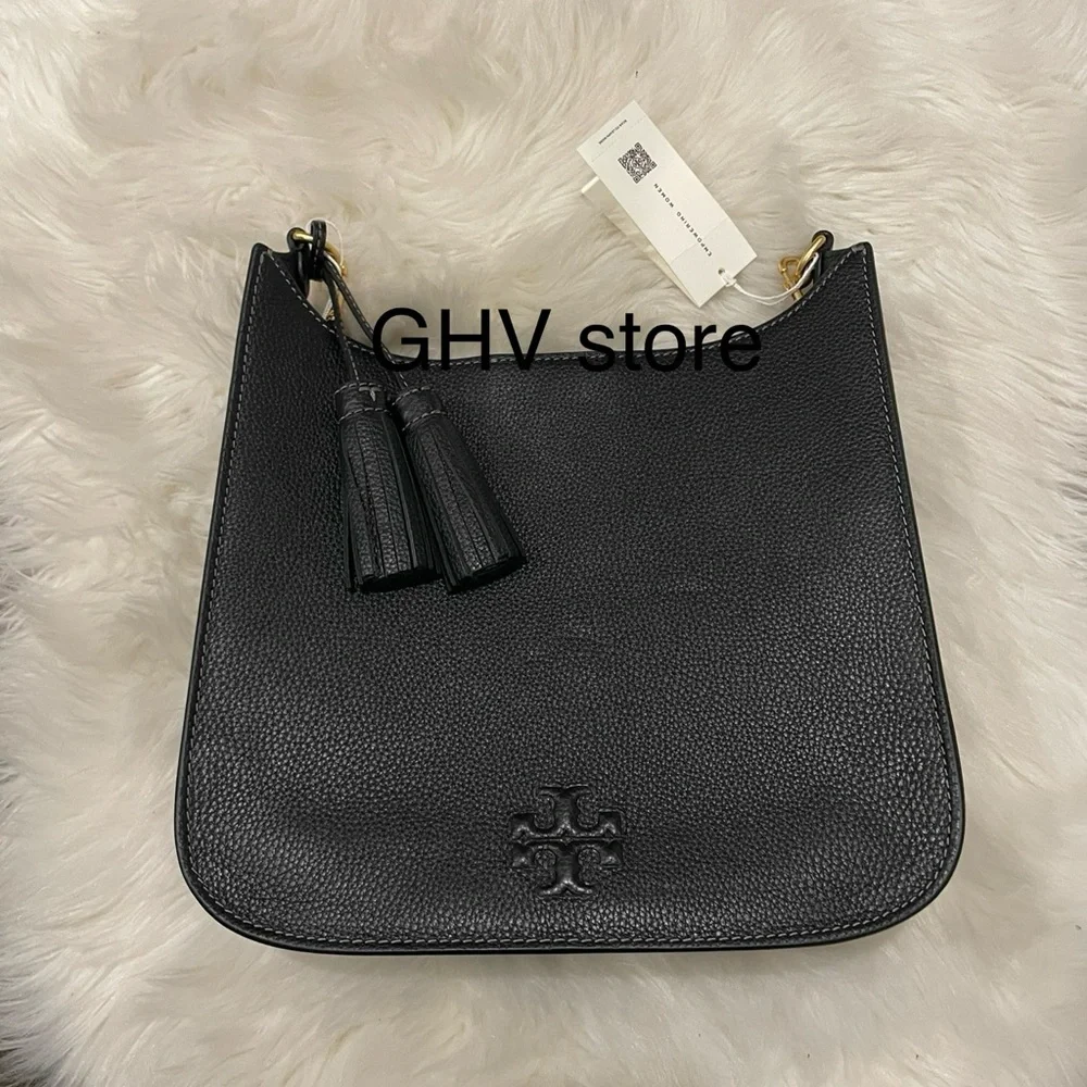 Tory Burch Black Pebbled Leather Hobo Crossbody with Tassel